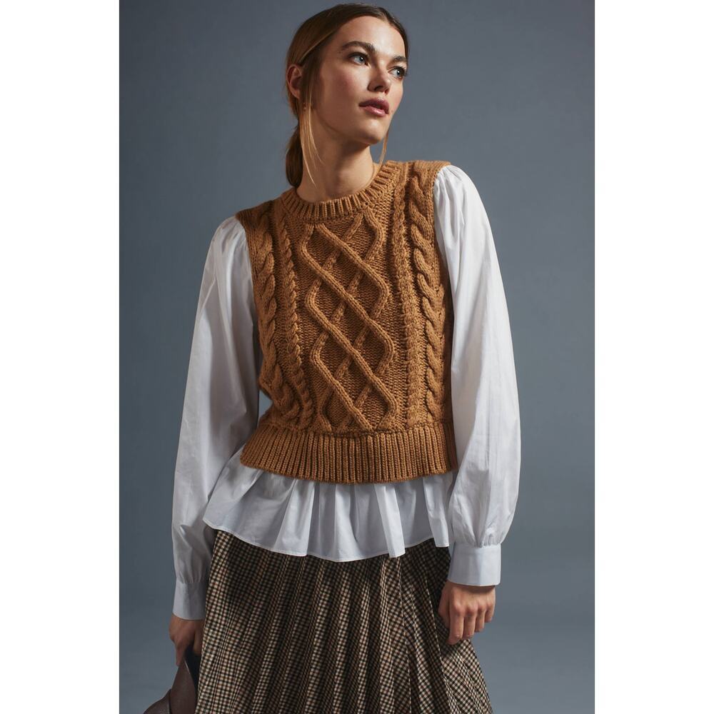 Anthropologie Camel Cable Knit Sweater Vest with White Blouse